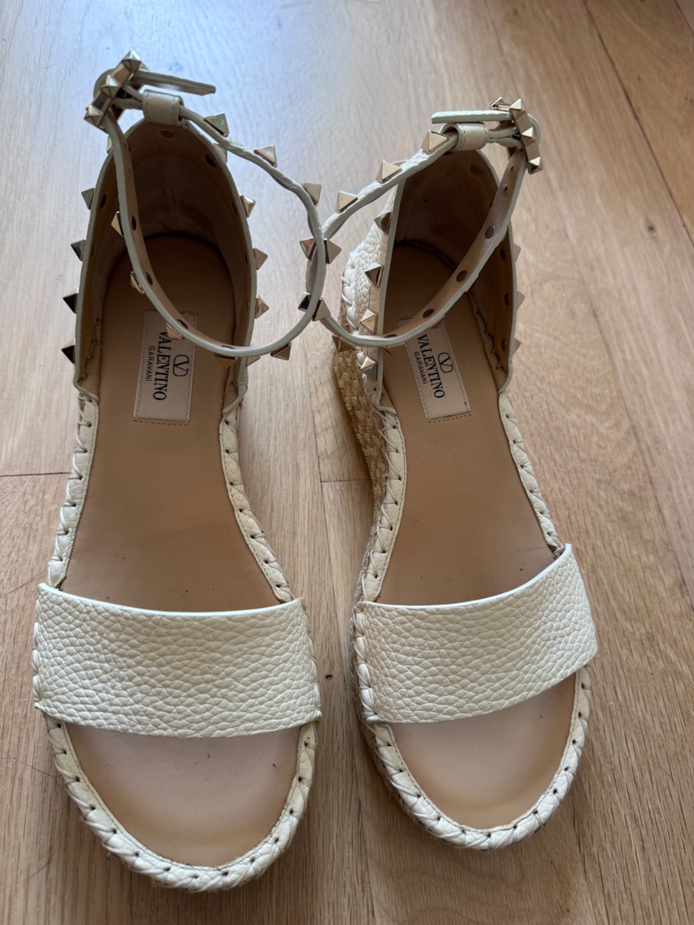 Valentino Cream Rockstud 55 Leather Ankle-Strap Espadrille Wedges